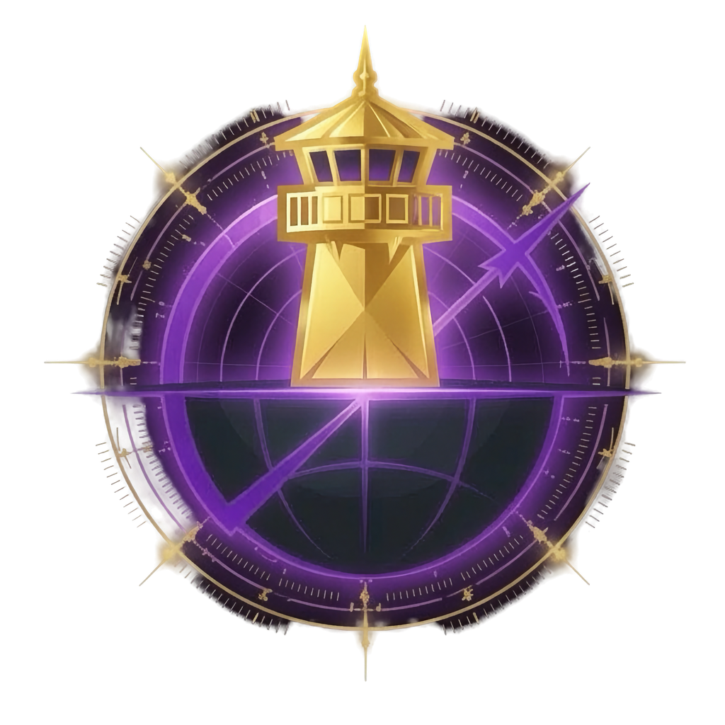 Skopia emblem — a gold watchtower on a violet radar globe inside a gold compass ring