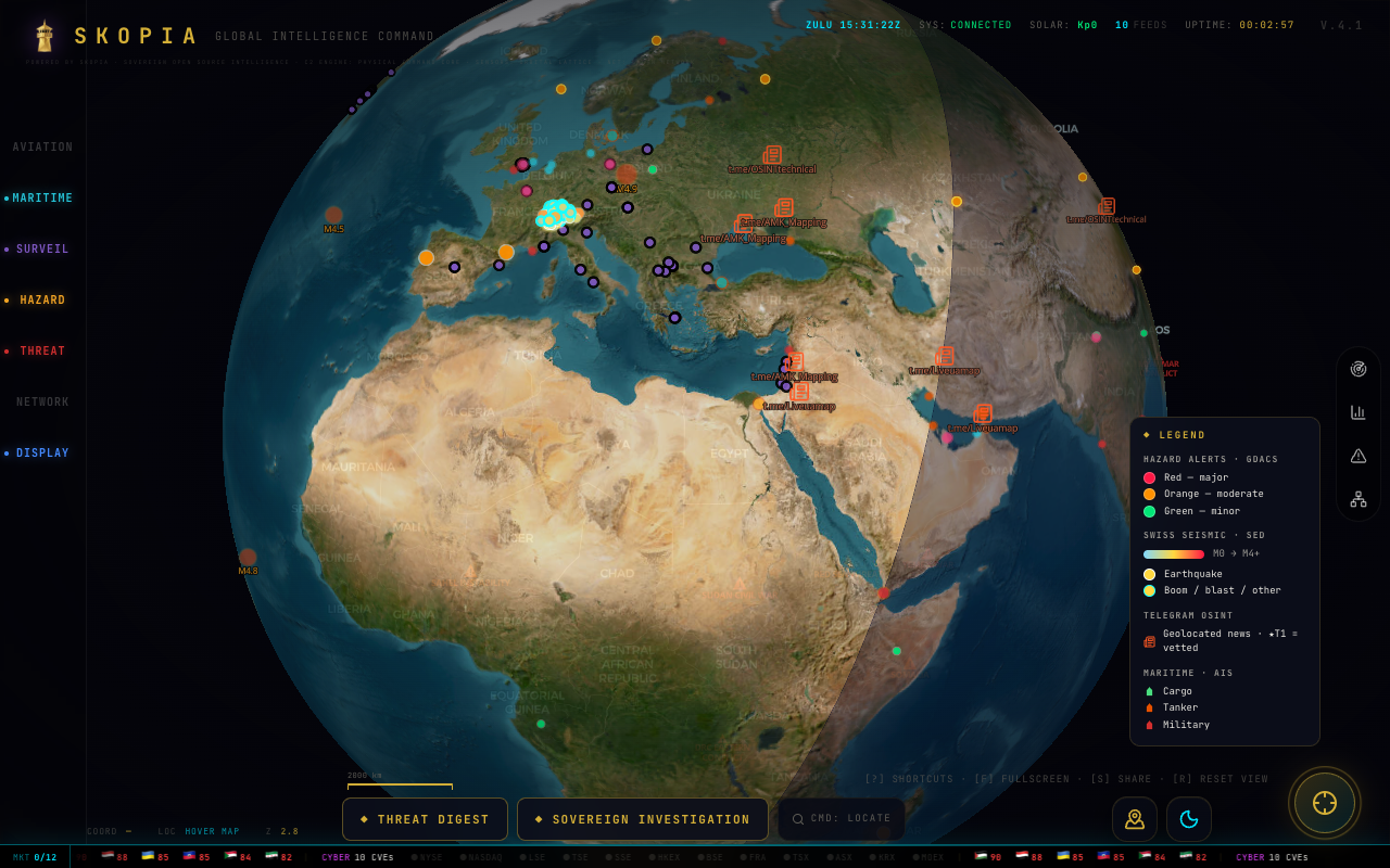 Skopia dashboard showing the live intelligence console with feeds and map panels