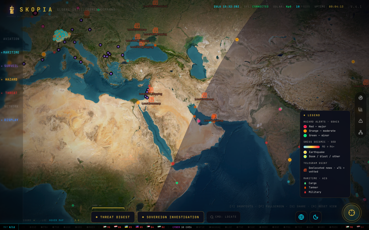 Skopia live interactive 3D globe with real-time intelligence layers
